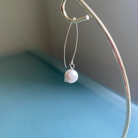 925 STERLING SILVER and Pearl Drop Earrings Handmade Jewelry - Picture 4 of 5